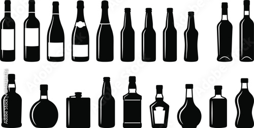 Collection, of, bottle, silhouettes, assorted, wine, beer, liquor, containers, packaging, isolated, on, white, background, beverage, vector, illustration, set, design