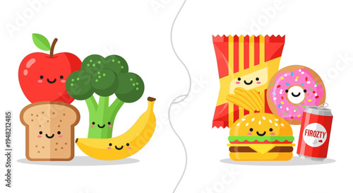 Healthy food vs junk food comparison in cartoon style, including fruits, vegetables, bread, and processed snacks