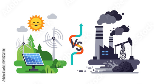 Renewable Green Energy Versus Fossil Fuels Illustrating the Environmental Impact and Sustainable Choices