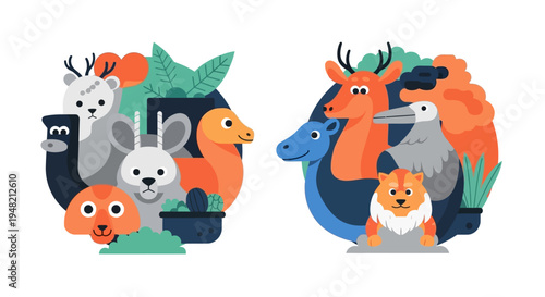Cute Cartoon Animals Grouped in Circles for a Whimsical and Friendly Design