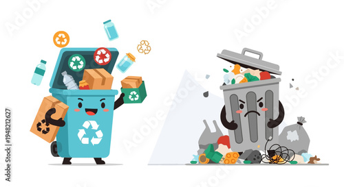 Illustrative comparison of responsible waste management through a happy recycling bin versus harmful effects of overflowing garbage