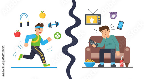 Embrace Wellness Dynamic Fitness Journey Contrasted with Passive Couch Potato Habits, Highlighting Lifestyle Decisions for Health