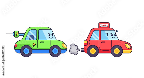 Eco-friendly electric car leads the way as a polluting gasoline vehicle struggles, illustrating the shift towards sustainable automotive technology