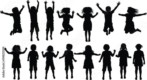 Children jumping silhouette collection isolated on white background, happy kids playing, active childhood movement set, boy girl jumping poses bundle