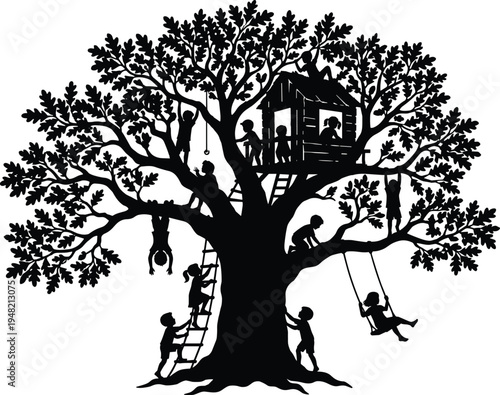 Children playing in treehouse silhouette vector illustration, happy kids climbing, swinging and enjoying outdoor childhood adventure scene