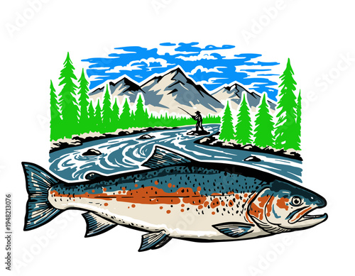 Forest camp artwork. Summer Adventure at the mountain graphic artwork for t shirt and others. Forest explore design. Mountain with tree vintage print.