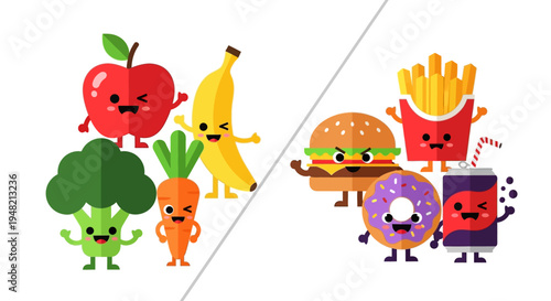 Healthy vs Unhealthy Food Choices A Fun Illustration of Fruits, Vegetables, and Junk Food Characters