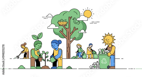 Environmental protection and sustainability with children planting trees and recycling waste