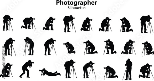 Photographer silhouettes set with professional photographers using camera and tripod, capturing photos in different shooting poses isolated on white background for photography design