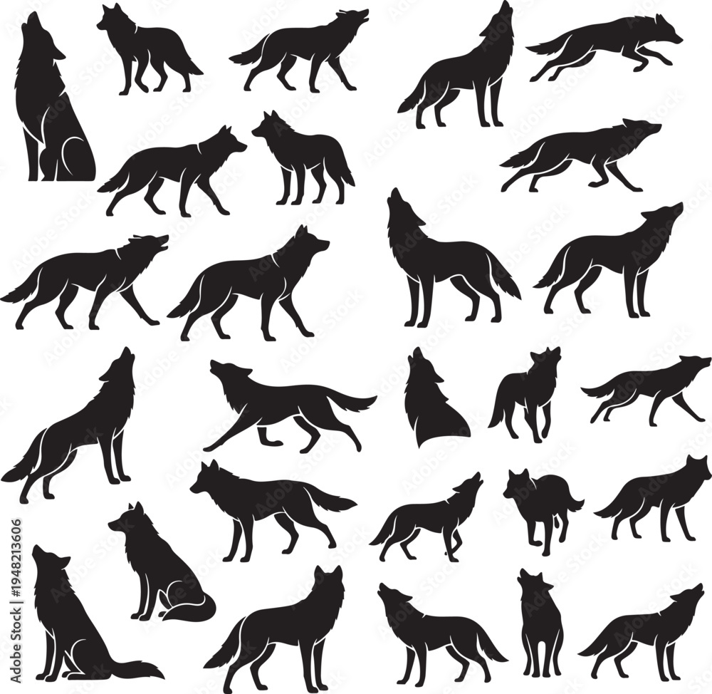 Obraz premium Wolf Silhouette Vector Collection – Wild Wolf Animal Silhouette Set