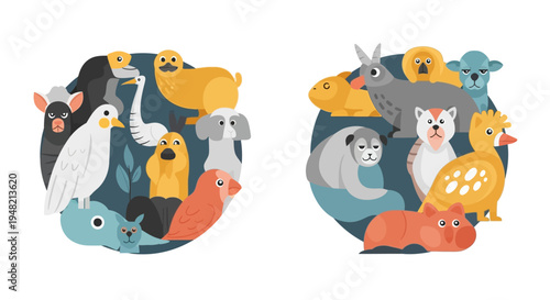 Flat design illustration of diverse animal groups, showcasing a charming collection of pets and wildlife in two distinct circular compositions