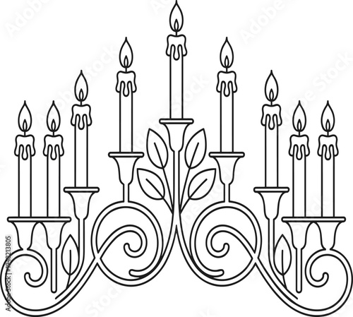 Black and white of nine lit candles in ornate holders with leaves and swirls nine candles des