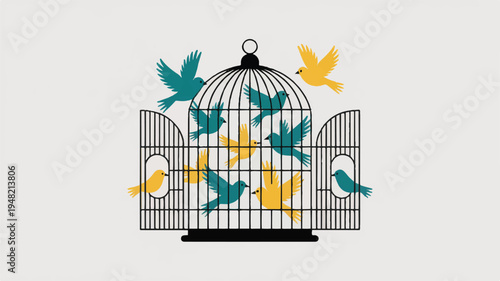 birds flying out of open cage freedom concept