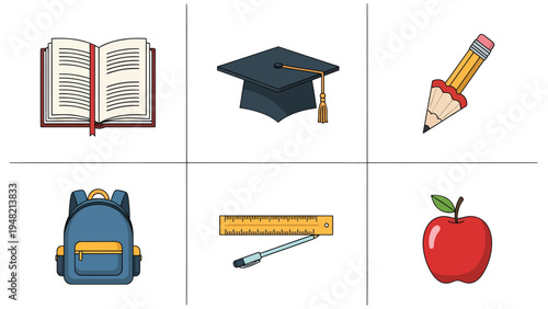 Cartoon Education Icons Set: School Supplies & Academic Symbols