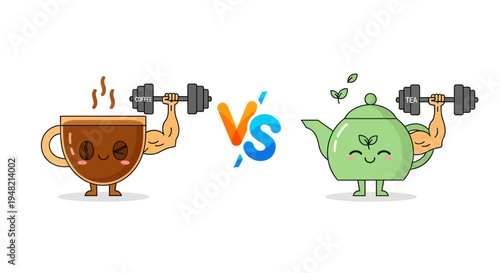Playful Morning Beverage Showdown Muscular Coffee Cup Versus Robust Teapot in a Dynamic Battle of Strength and Energy