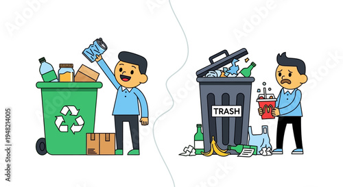 Illustrating the contrast between responsible waste disposal and improper trash management