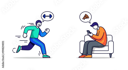 Navigating modern lifestyle choices An active individual embracing fitness contrasts with a sedentary person indulging in less healthy habits