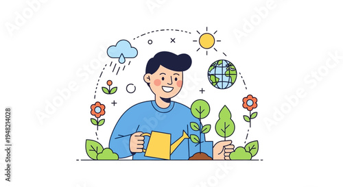 Young man passionately nurturing plants with a watering can, surrounded by symbols of a thriving natural environment and a sustainable Earth