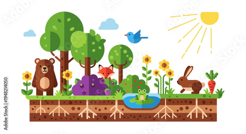 Cute forest animals and plants in a vibrant ecosystem illustration, showcasing nature's beauty