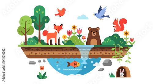 Lively nature scene with cute forest creatures, vibrant flora, and a serene waterfall, depicting a balanced ecosystem