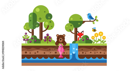 Charming Woodland Scene with Bear Fishing in a Waterfall, Fox Peeking, and Bee Flying