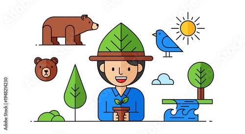Cheerful environmentalist nurturing a plant, surrounded by a vibrant ecosystem with wildlife and natural elements, promoting ecology and conservation