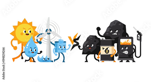 Cartoon depiction of the ongoing energy battle, illustrating the conflict between clean renewable sources and traditional fossil fuels for a sustainable future