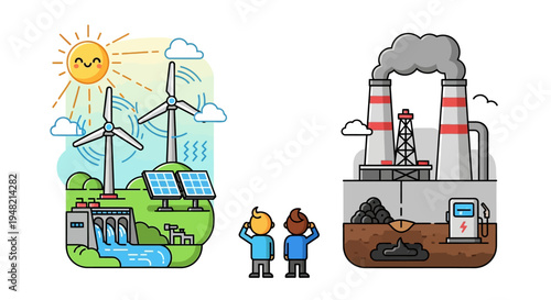 Clean Renewable Energy Solutions Contrasted with Polluting Fossil Fuel Power Plants and Environmental Impact