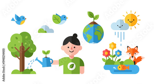 Flat design illustration promoting environmental care, featuring a person nurturing nature, trees, diverse wildlife, and a healthy Earth