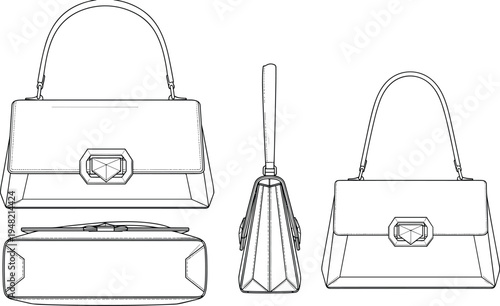 Technical handbag design illustration, structured fashion accessory sketch, geometric clasp detail, vector drawing for product manufacturing reference – flavector