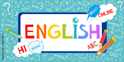 Learning english. Online english lesson for pupils and students. Video course, distance education, web seminar, internet class, personal teacher service. Horizontal banner. Vector illustration