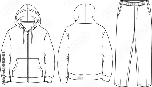 Unisex hoodie and sweatpants technical fashion sketch, front and back views with zipper and pockets, vector garment illustration – flavector