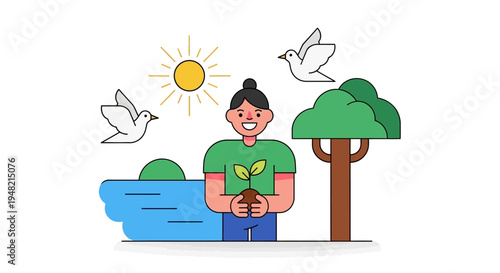 Enthusiastic Person Gently Nurturing a New Plant Sprout, Symbolizing Environmental Care and a Greener Future