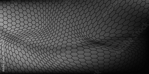 Dark grey abstract wide horizontal banner with hexagon carbon fiber grid and orange luminous lines. Technology vector background with orange neon lines