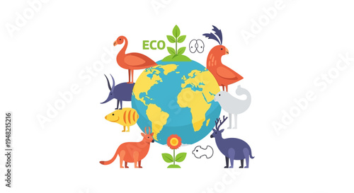 A vibrant illustration showcasing the Earth surrounded by diverse animals and plants, promoting an eco-friendly message