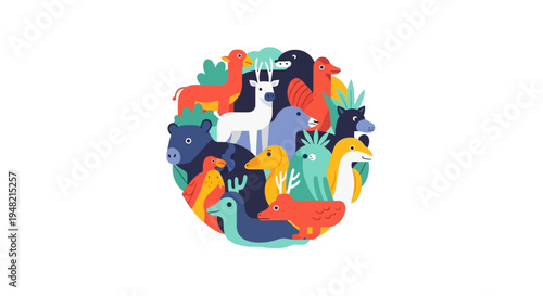 Vibrant collection of diverse wild animals arranged in a playful circular composition, symbolizing global biodiversity and natural habitat protection in a stylized graphic design