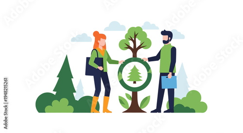 Two people discussing environmental conservation, with a tree symbol in a circular frame and lush greenery in the background