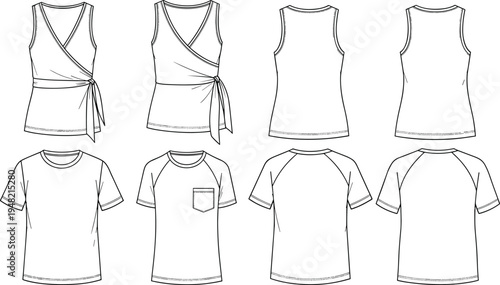Women’s and men’s shirt technical fashion sketch set, sleeveless wrap tops, tank tops and raglan t‑shirts, vector illustration – flavector