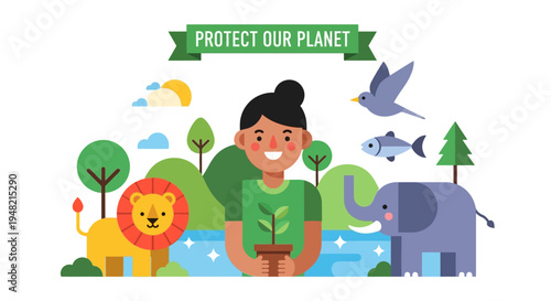 Protect Our Planet A Vibrant Illustration Showcasing Environmental Conservation Efforts with Wildlife and Nature