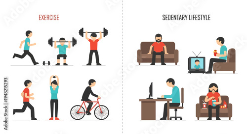 Healthy Versus Sedentary Lifestyle Choices Illustrated with People Exercising and Relaxing