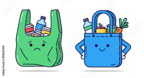 Sad plastic bag full of waste versus a happy reusable shopping bag filled with healthy groceries, symbolizing environmentalism and eco-friendly choices