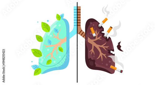 Conceptual illustration showing the stark contrast between healthy, vibrant lungs with leaves and dark, damaged lungs from cigarette smoke