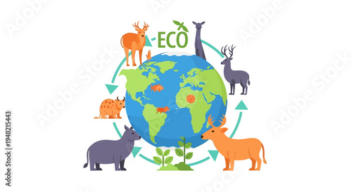 Eco-friendly animals surrounding the Earth with recycling arrows, symbolizing conservation and biodiversity