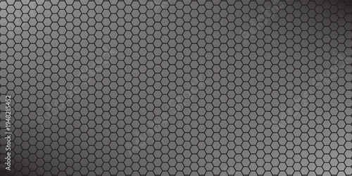 Dark grey abstract wide horizontal banner with hexagon carbon fiber grid and orange luminous lines. Technology vector background with orange neon lines