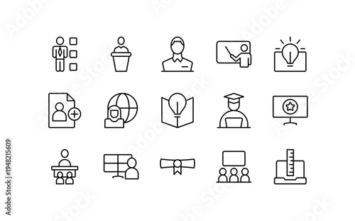 Teacher line icon set. Study, online learning, quiz, ereader, edtech, teacher, sir, head, student, chart, calculator, compass, book line icon set. UI thin line icon pack.