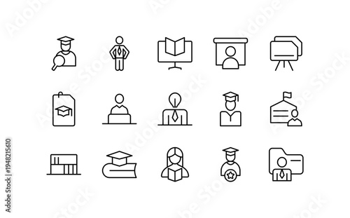 Teacher line icon set. Study, online learning, quiz, ereader, edtech, teacher, sir, head, student, chart, calculator, compass, book line icon set. UI thin line icon pack.