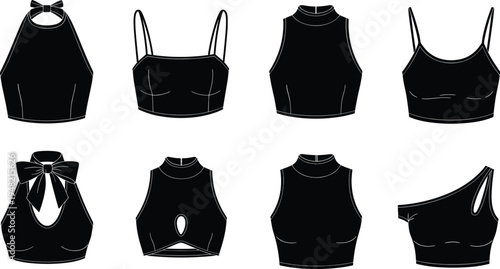 Black women crop top silhouettes collection, stylish sleeveless fashion tank tops set isolated on white background vector illustration