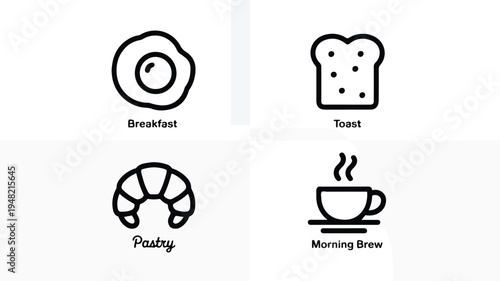 breakfast icons with toast pastry and coffee cup on white background