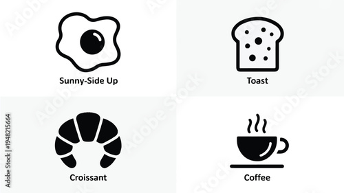 Breakfast icons with food and drink items on white background