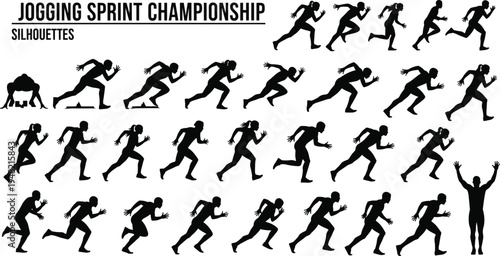 Running athlete sprint silhouettes set with male and female runners, jogging and sprinting action poses collection isolated on white background for sport and fitness design